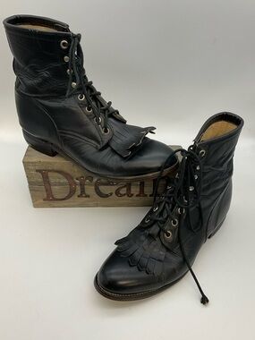 Justin Vintage Roper Black Leather Lace-Up Kiltie Boots 8 Rodeo Western Cowboy